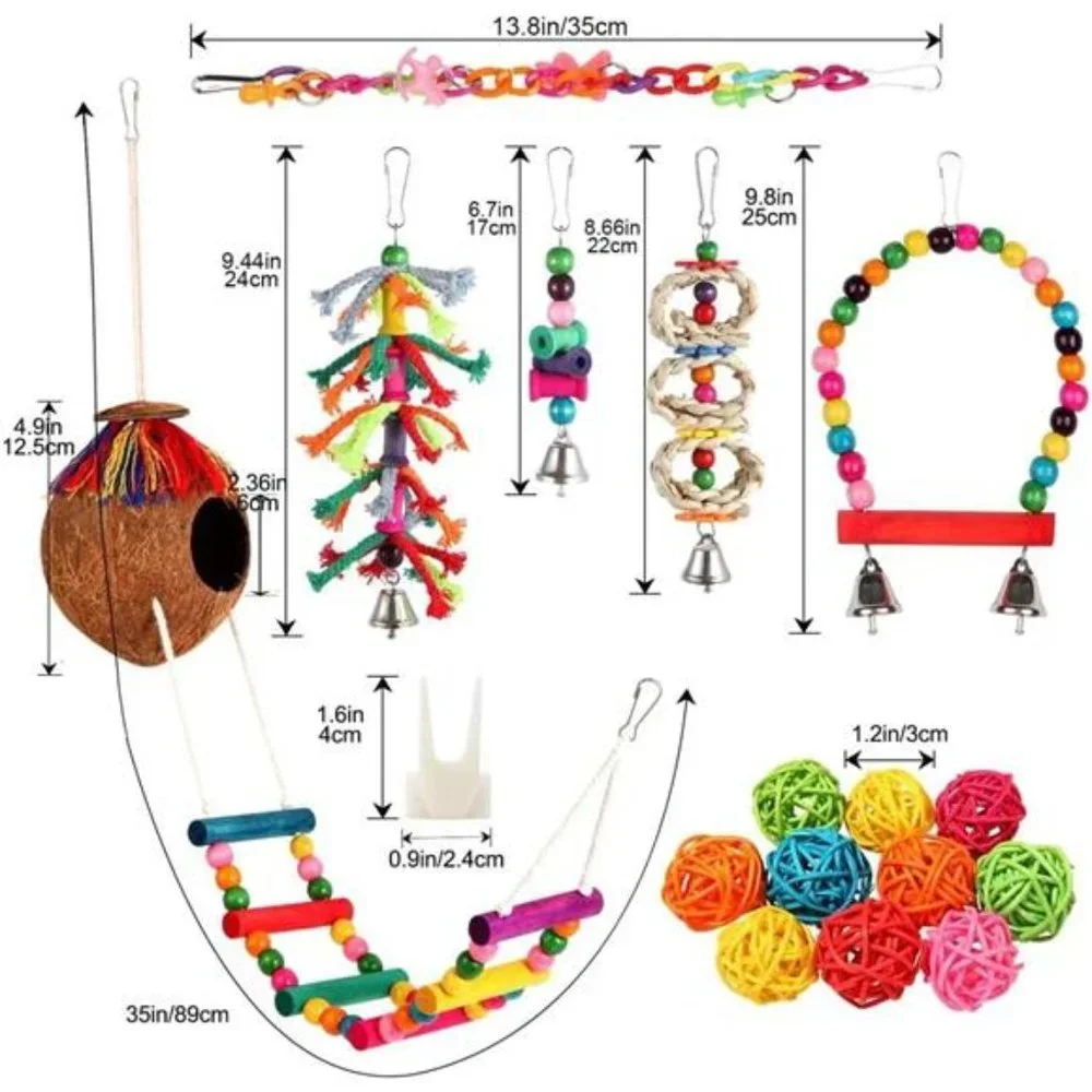 Bird Toys 17Pcs Bird Parakeet Swing Chewing Hanging Toys Climbing Ladder Coconut